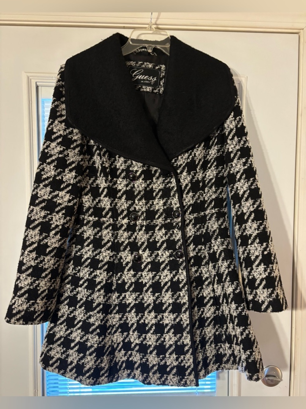 Guess Black and White Houndstooth Double-Breasted Pea Coat